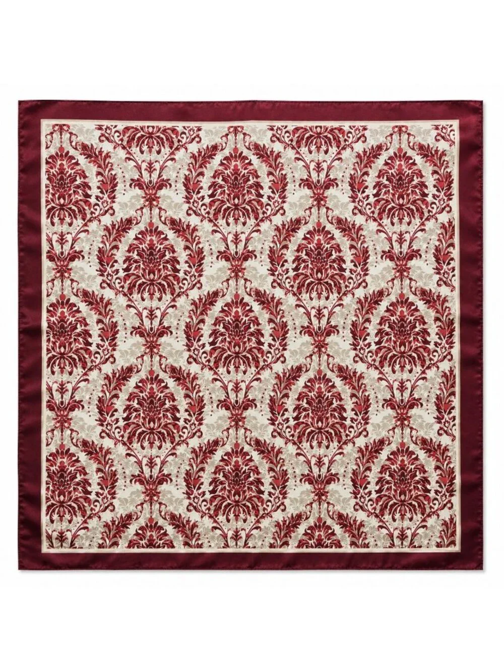 Burgundy Cream Damask Wild Rag Scarf 35x35 Satin Polyester Western